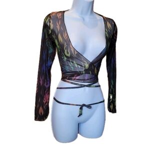Current Mood Sheer Mesh Wrap Crop Top Size Small Black w/ Rainbow Flames Print